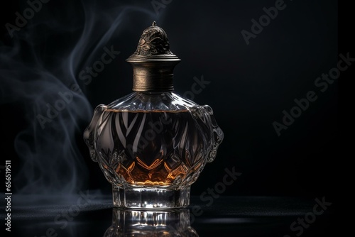 Exquisite fragrance bottle on dark backdrop emitting fumes. Generative AI