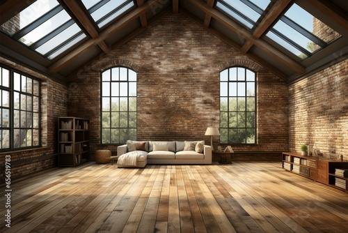 Loft inspired space with abundant light, modern d??cor, wood floors, brick walls