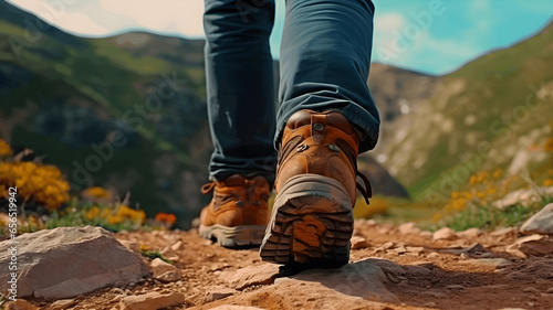 Close-up of a hiker's leather hiking boots on a challenging mountain trail