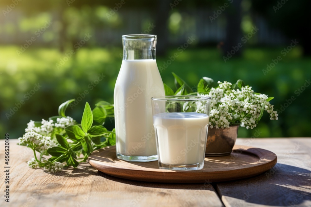 Natural milk and plant based options on rustic wooden table outdoors Natural milk and plant based options on rustic wooden table outdoors