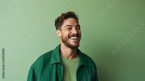 Ultra handsome Caucasian, smiling and laughing, wearing green clothes. Bright solid green background.