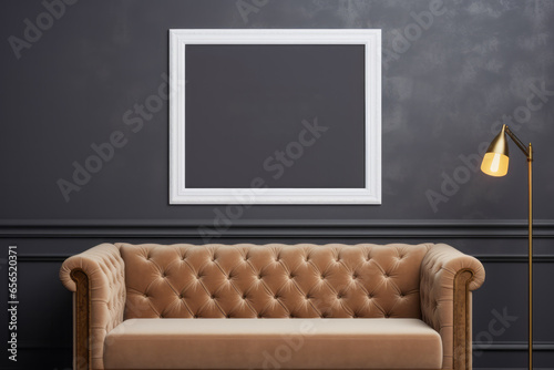 image frame mockup with a couch in front of it, comfortable sofa