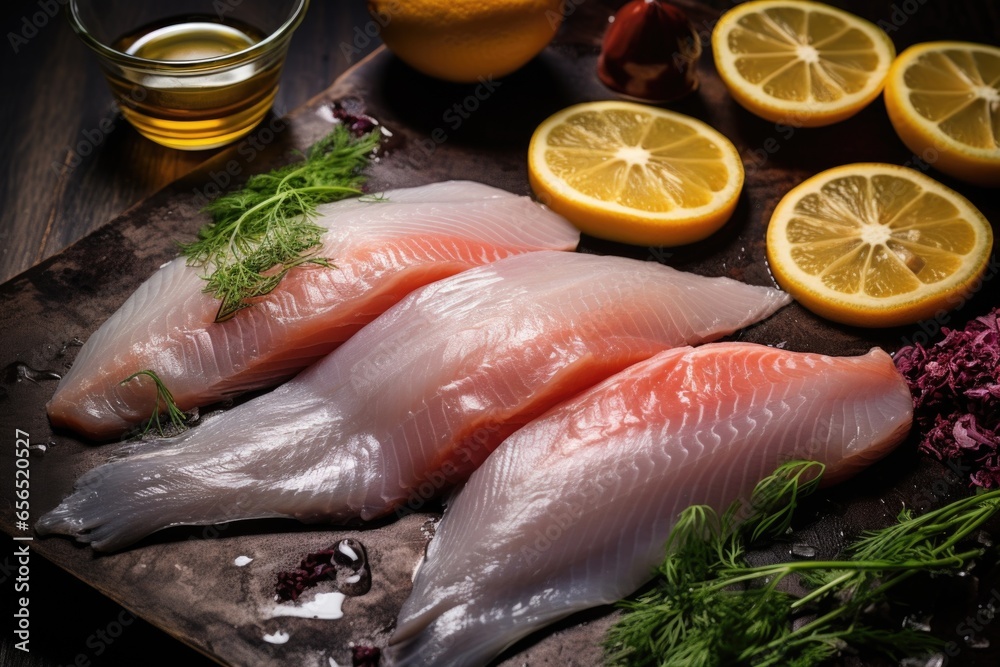 citrus fruit slices on top of raw marinates fish on a dark surface citrus fruit slices on top of raw marinates fish on a dark surface