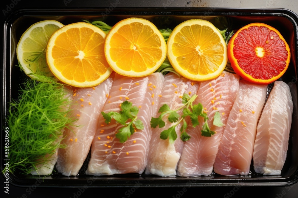 raw fish fillets covered in a marinade and garnished with colorful citrus slices raw fish fillets covered in a marinade and garnished with colorful citrus slices