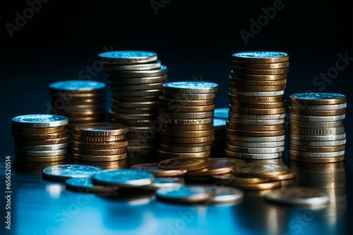 Pile of coins, stacked high, black backdrop, tinted blue, financial concept