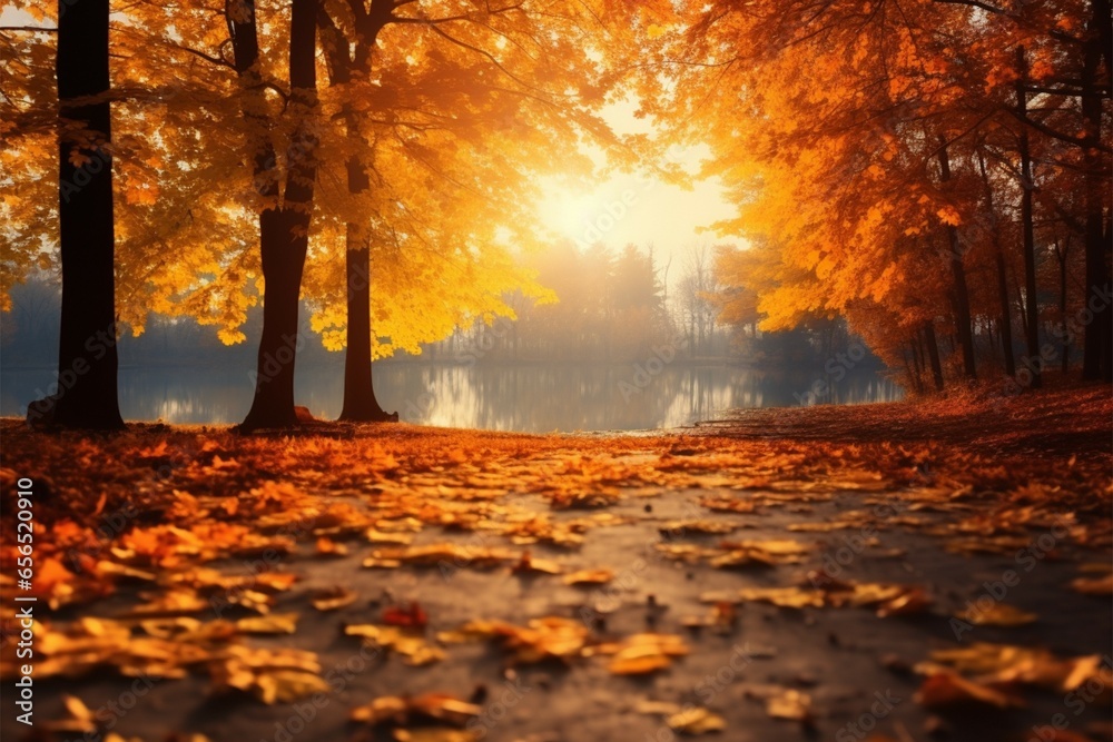 Scenic autumn landscape: golden trees, sun, falling leaves, seasonal beauty