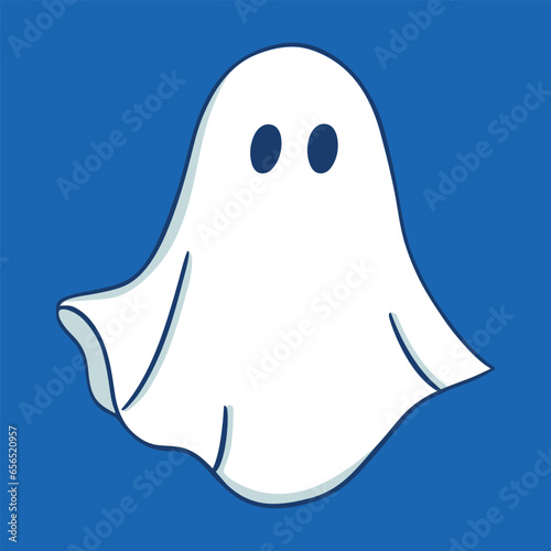 Cartoon ghost on blue background. Hand drawn symbol of Halloween. Vector illustration