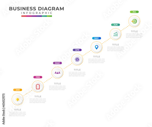 7 Steps Modern roadmap with circle topics  for vector infographics presentation template.