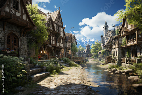 Medieval village background environment for computer mobile game generative AI picture