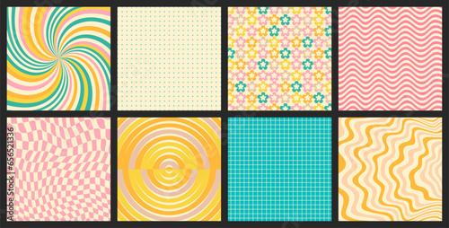 Groovy backgrounds set. Retro groovy collection. 60s and 70s groovy style. Hippie backgrounds. Psychedelic funky. Y2k trendy style. Nostalgia for the 70s.