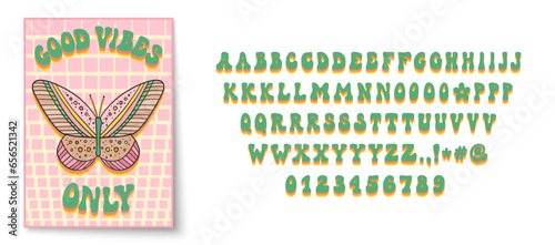 Retro style font alphabet. Groovy font. 60s and 70s typography. Groovy alphabet letters, numbers, punctuation marks. 60s groovy font. Retro cartoon alphabet. Vintage hippie lettering.