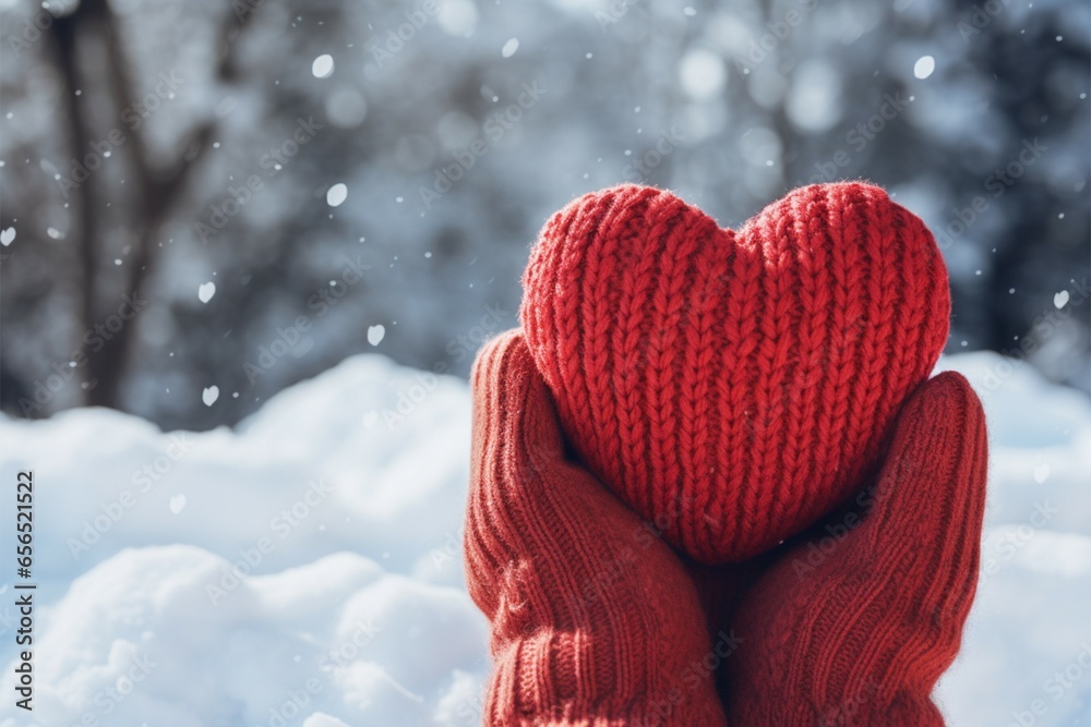 Snowy heart in knitted mittens, symbolizing love on Valentines Day