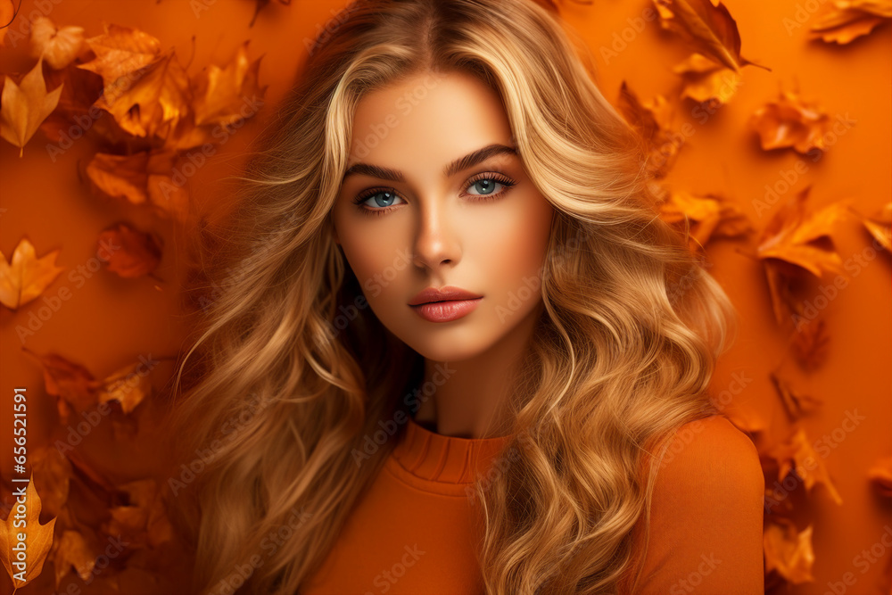 Generative Ai illustration of stunning woman surrounded by dry foliage autumn decorations background Generative Ai illustration of stunning woman surrounded by dry foliage autumn decorations background