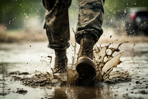 Made with generative AI close up image of a military male person running on rainy muddy battlefield ground