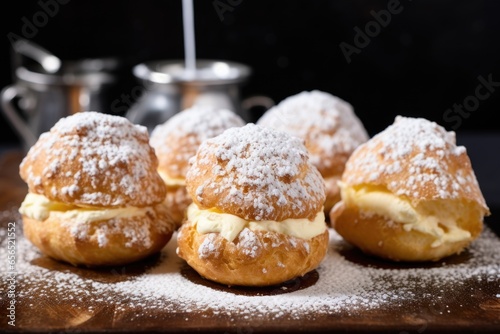 four cream puffs dusted with powdered sugar