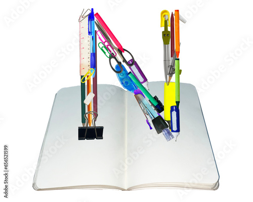 N shape made of various kinds of stationery isolated on transparent background, PNG photo