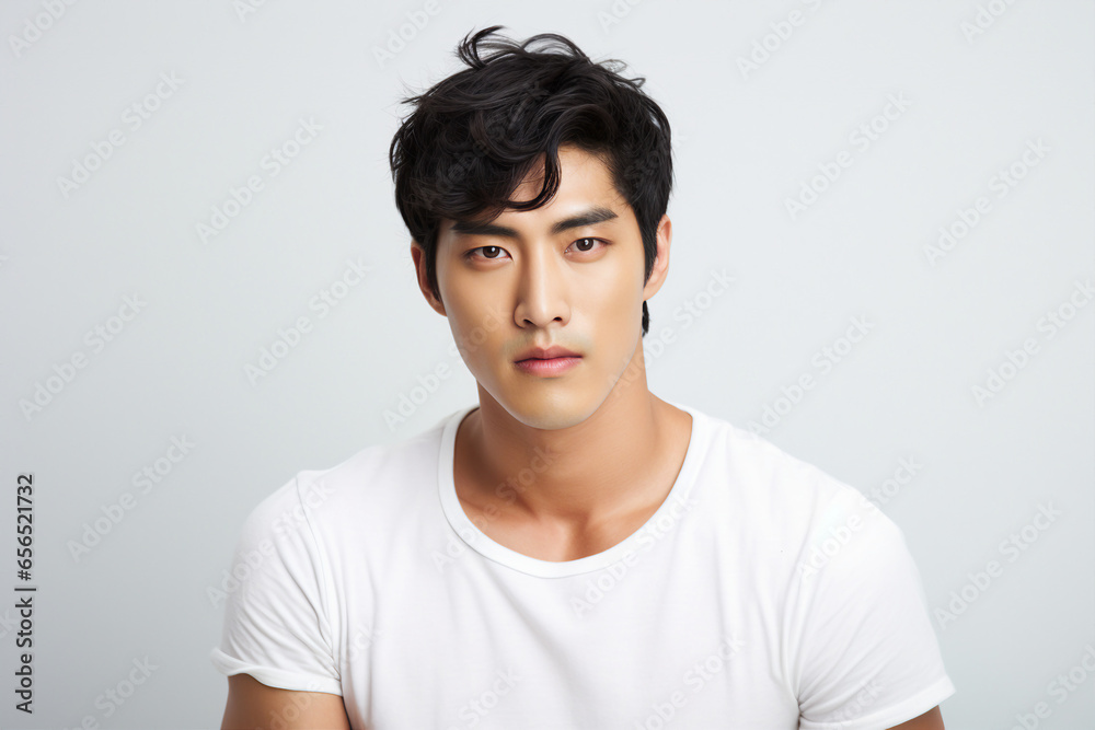 Photo generative AI image of a handsome model with healthy skin and hair isolated on grey white background Photo generative AI image of a handsome model with healthy skin and hair isolated on grey white background