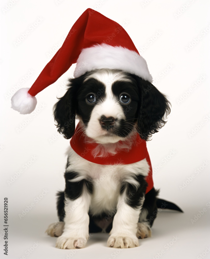 Charming Holiday Companion: An Adorable Puppy in Santa Claus Costume Poses on White Background – Perfect for Christmas, Greeting Cards, Social Media, Blogs, and Seasonal Ads