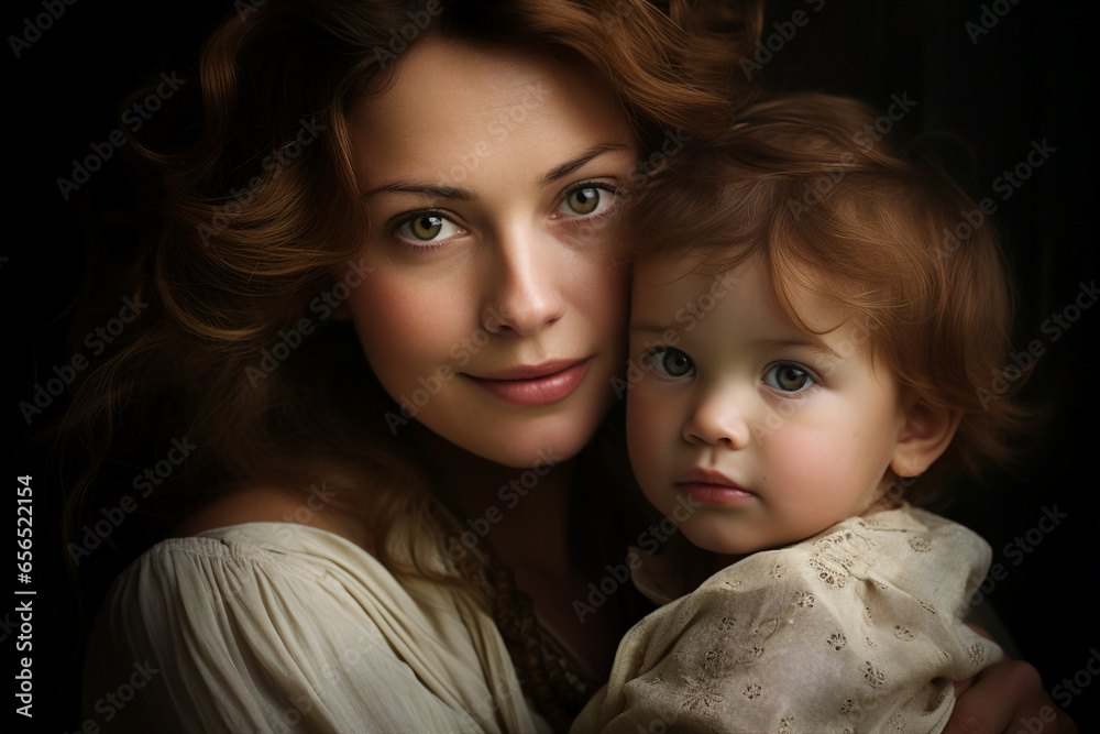 Generative AI picture of happy mother hugging her cute baby Generative AI picture of happy mother hugging her cute baby
