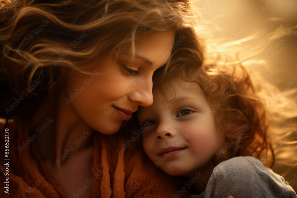 Generative AI photo of happy mom hugging little child family time concept Generative AI photo of happy mom hugging little child family time concept