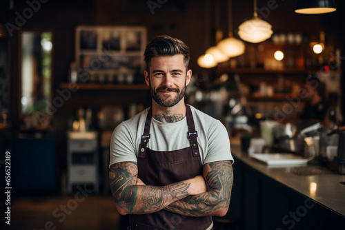 Successful business owner standing in his trendy cafe Generative AI technology