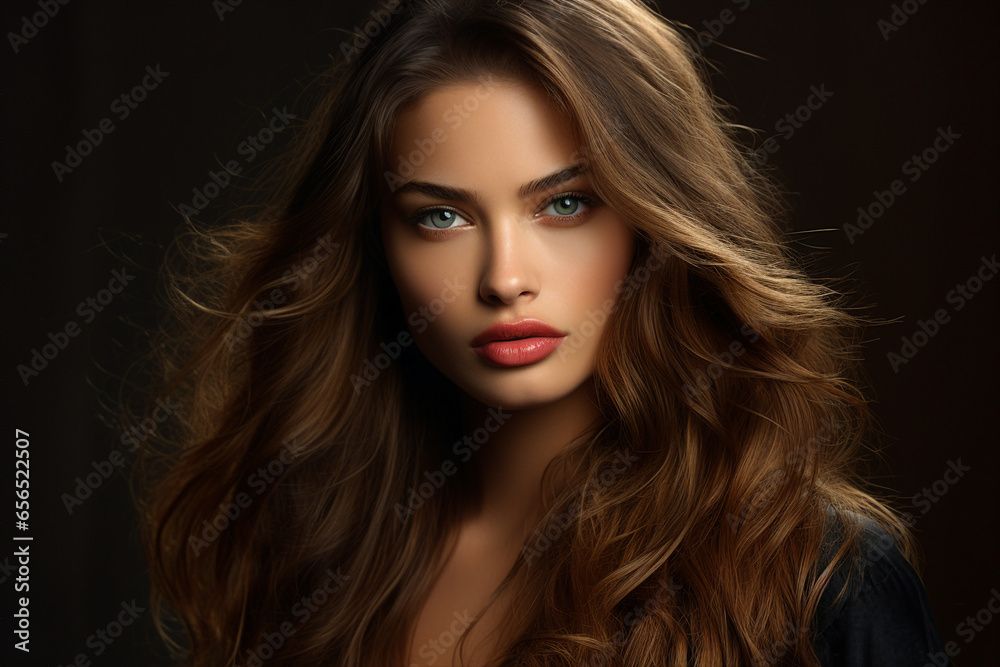 Fototapeta premium Generative Ai portrait of young pretty woman natural beauty brown volume hairstyle on background
