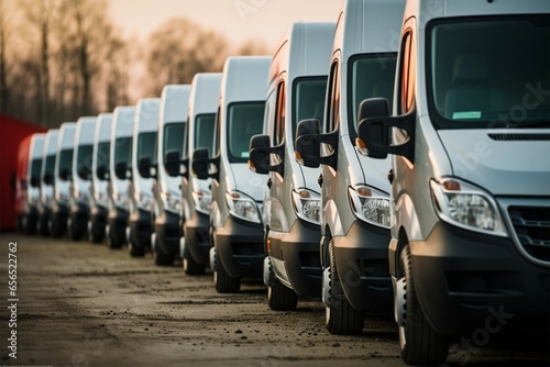 Transporting service companys fleet: Delivery vans neatly parked in rows photo