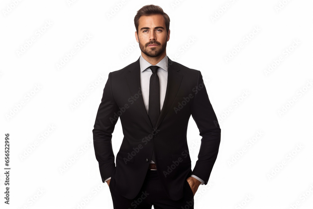 A confident businessman, in a sharp suit, stands tall and gazes forward, isolated on a white background. A confident businessman, in a sharp suit, stands tall and gazes forward, isolated on a white background.