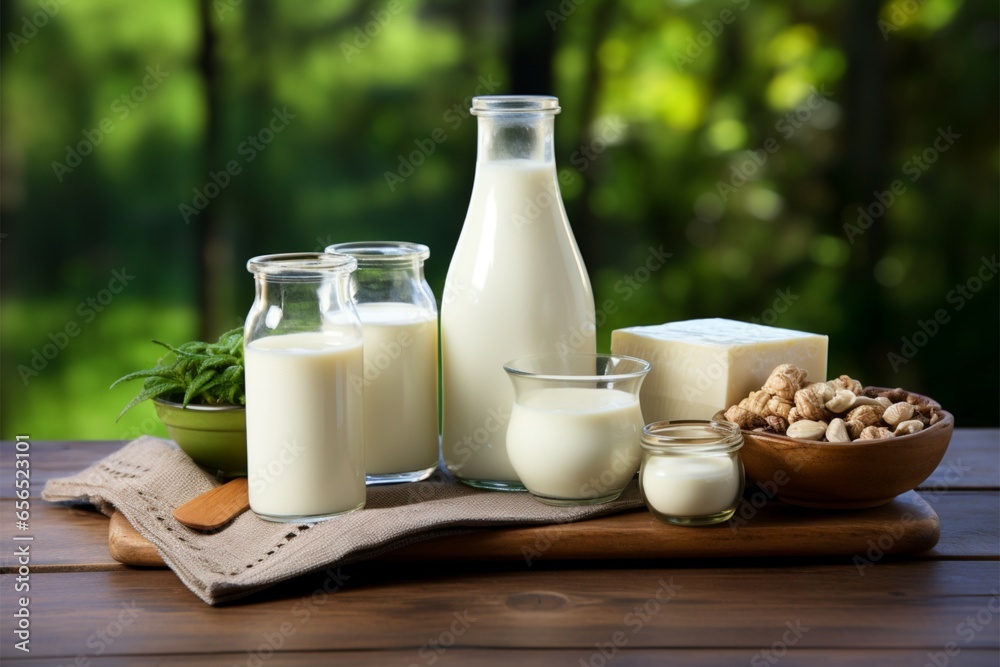 Variety of dairy and vegan milk choices on rustic wooden table Variety of dairy and vegan milk choices on rustic wooden table