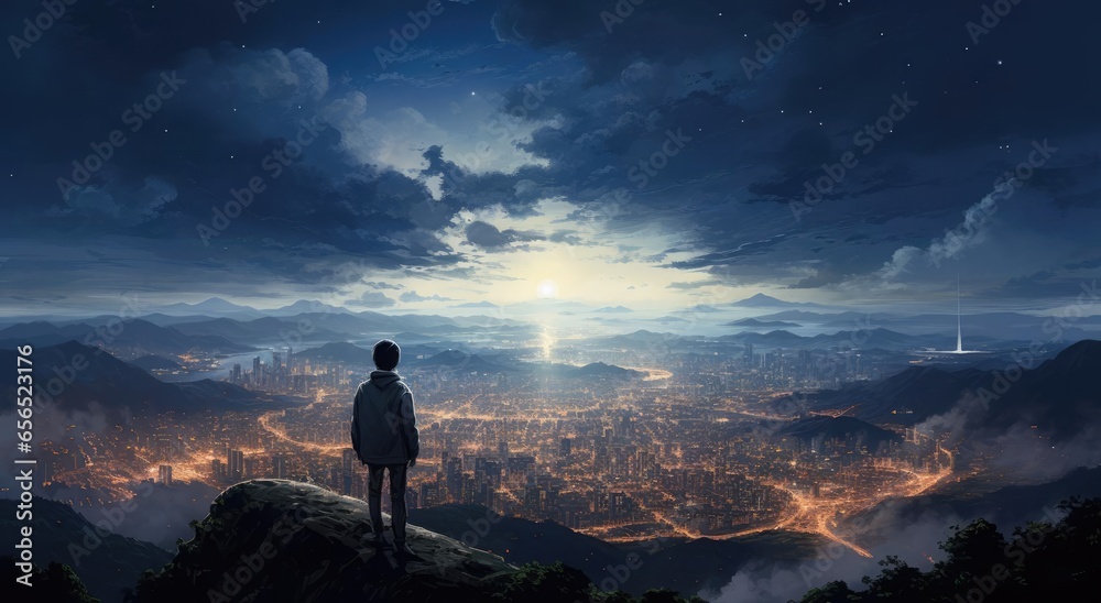 A man on a hill looks at the city at night