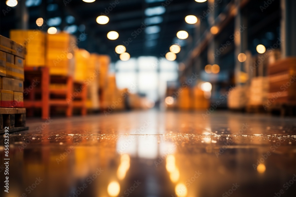 Warehouse backdrop with bokeh lights, creating a blurred business ambiance