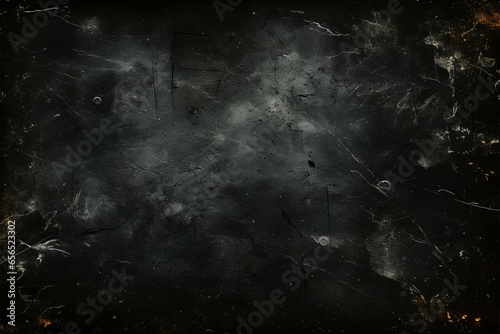 Vintage film inspired: Scratched black grunge background with space for text
