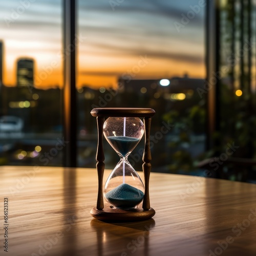 Counting Moments: Vintage Hourglass on Wood Table