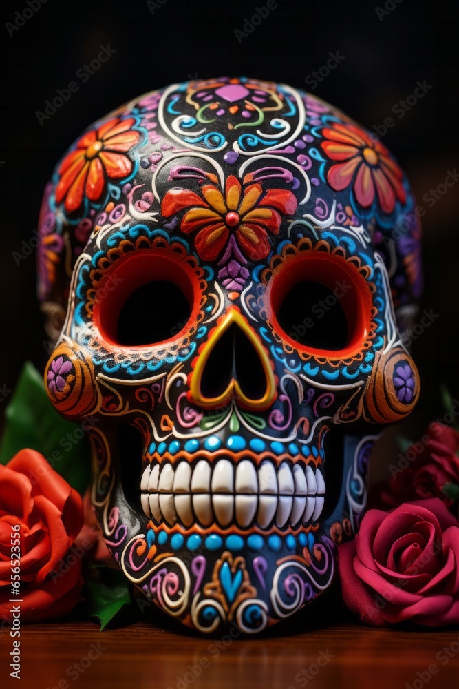 Photorealistic Colourful Sugar Skull (Calavera) for Mexico's Day of the Dead (Dia de Los Muertos) celebration. Created with Ai technology