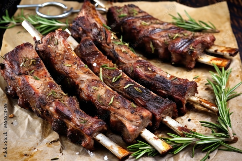 grilled lamb ribs with herbs like rosemary and rounds of garlic on parchment paper