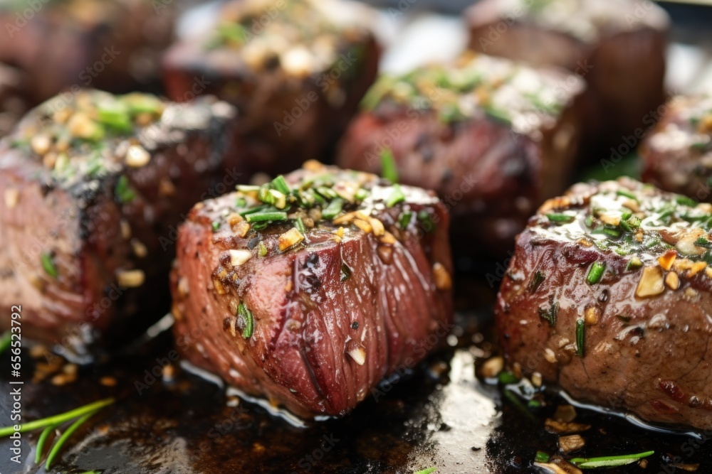 close-up of grilled steak tips with garlic and fresh herbs on top close-up of grilled steak tips with garlic and fresh herbs on top