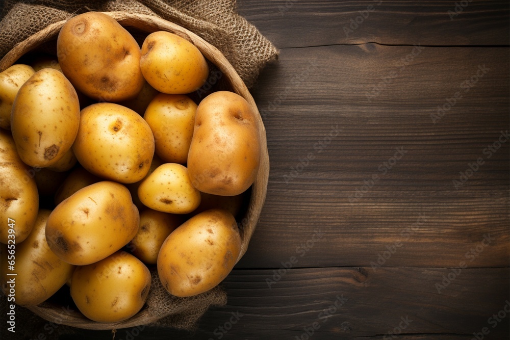 Wooden background with raw potatoes in an old sack, top view