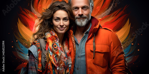 Portrait couple fashion bohemian man and woman in love hugging in colorful background. Beautiful loving couple in boho style posing in orange and dark background around. Generative Ai