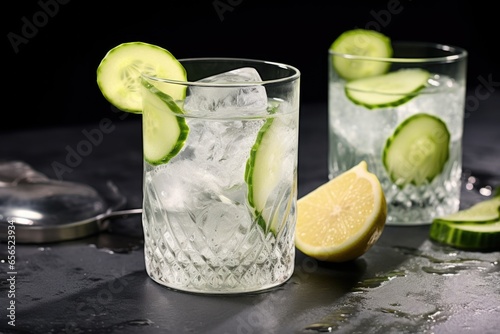 a gin and tonic cocktail with a cucumber slice