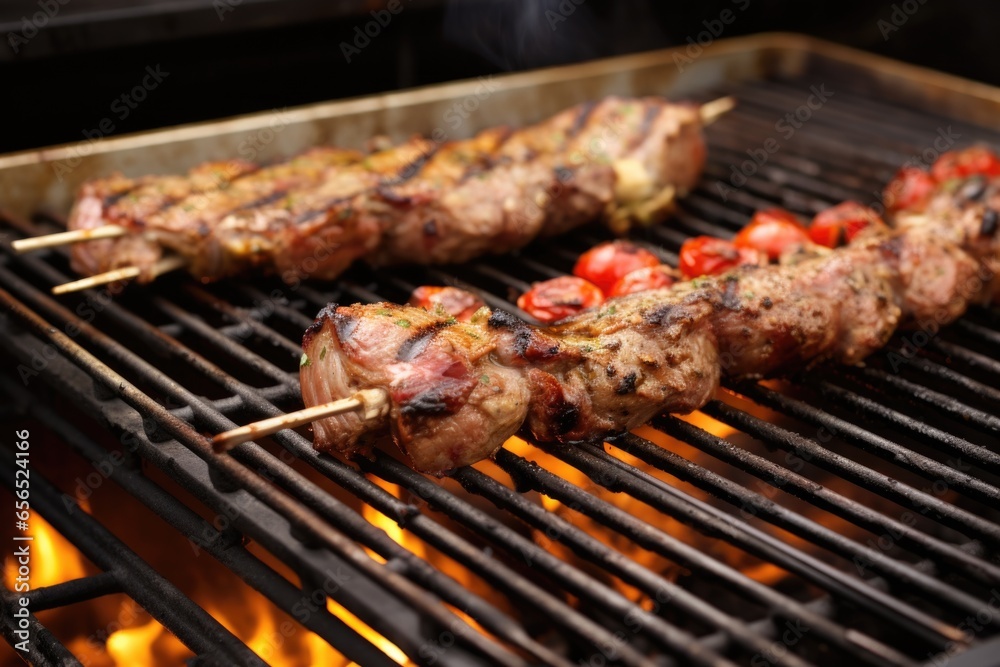 rack of lamb chops on the grill, fat sizzling
