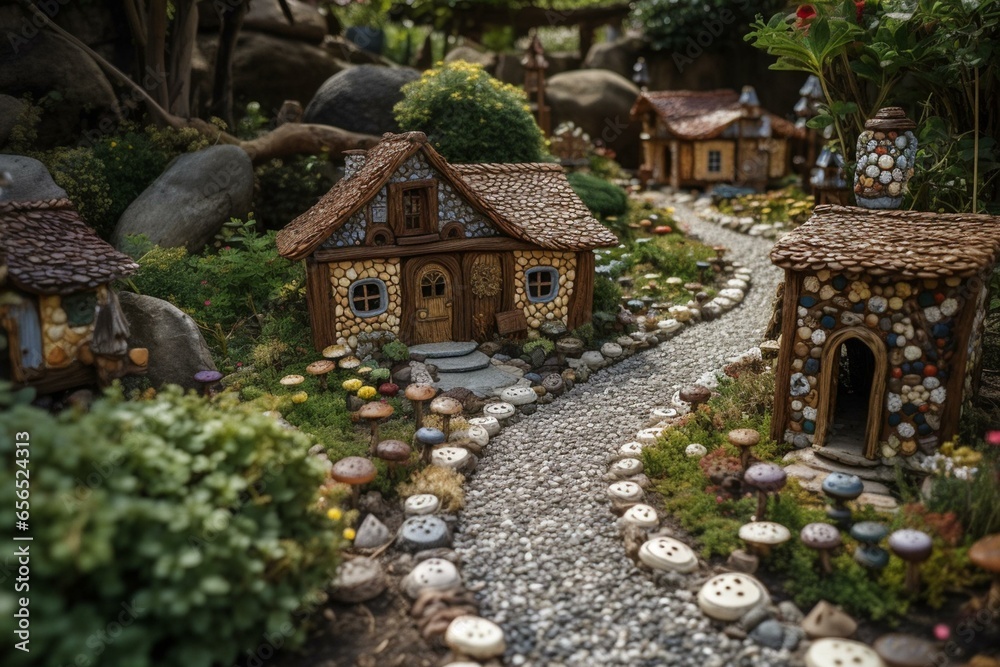 adorable enchanted village surrounded by a garden pathway adorned with pebbles. Generative AI