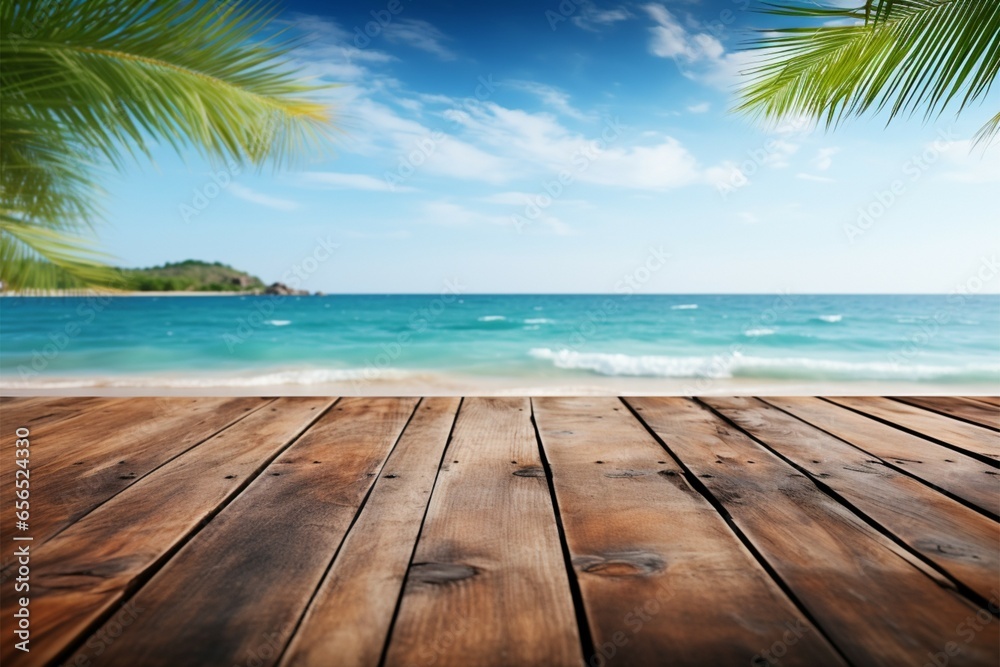 Fototapeta premium A beachy vibe old wooden table with a blurred coastal background