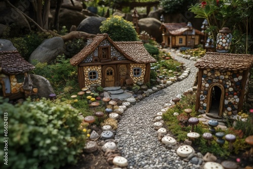 adorable enchanted village surrounded by a garden pathway adorned with pebbles. Generative AI