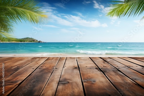 A beachy vibe old wooden table with a blurred coastal background