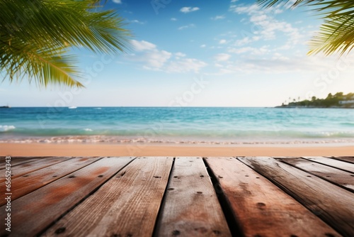 A beachy vibe old wooden table with a blurred coastal background © Jawed Gfx