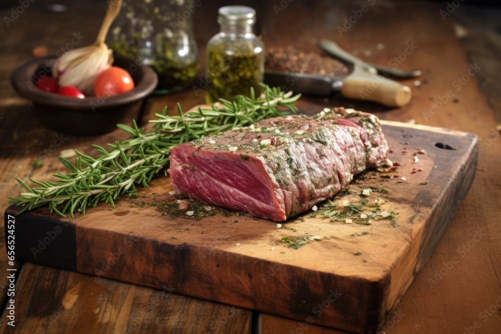 herb rub beef steak on a rustic wooden plank