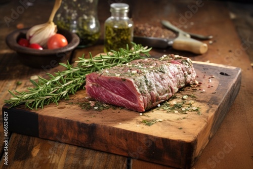 herb rub beef steak on a rustic wooden plank
