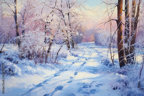 Painting of snow-covered park footpath. Generative AI