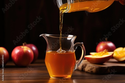mulled cider being poured from a glass jug into a cup