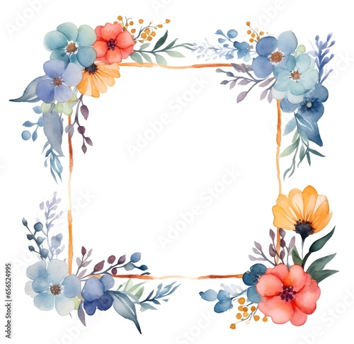 watercolor flowers frame. Elegant floral with isolated flowers and leaves in circle and square frame illuatration.